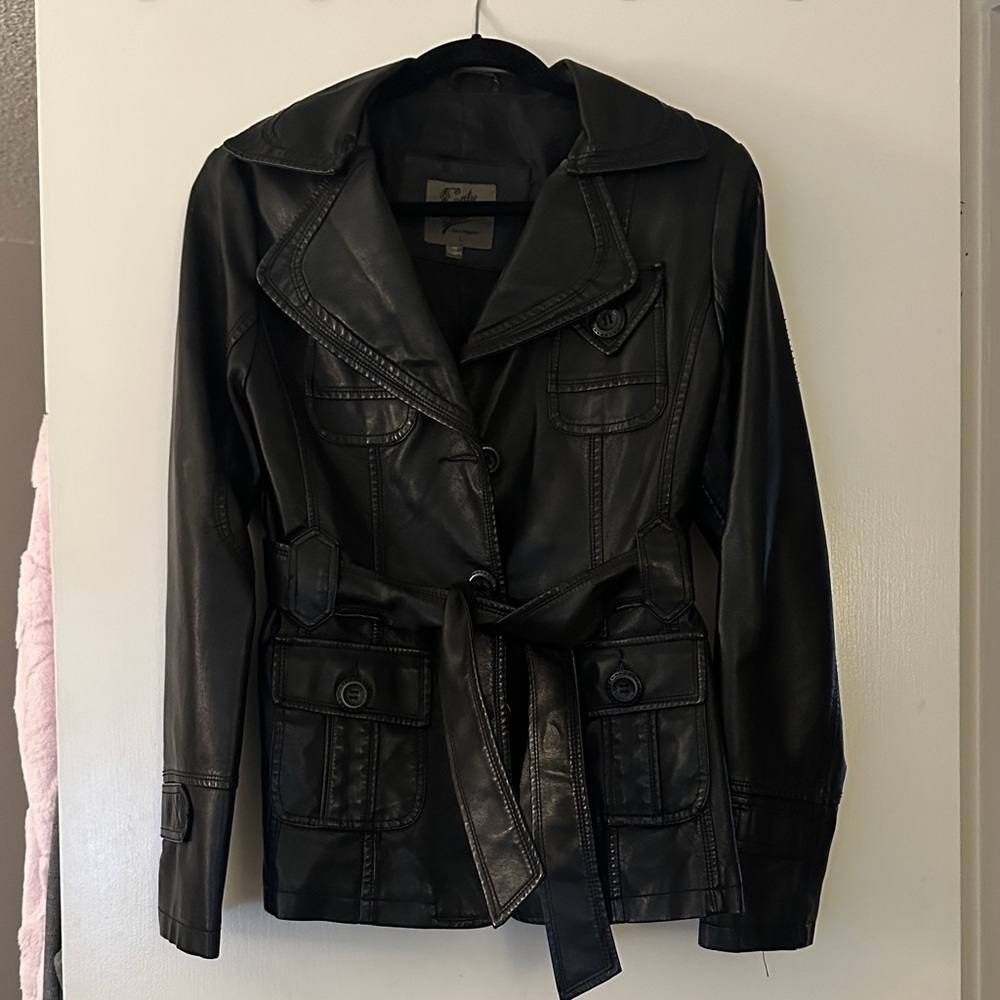 Elegant Black Leather Belted Jacket